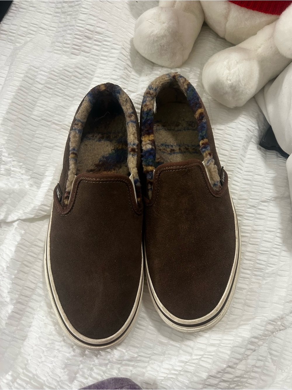 Vans Brown Suede Slip-On Loafers with Patterned Fleece Lining